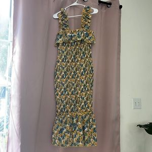 PinkBlush Yellow Multi Color Floral Smocked Fitted Maternity Midi Dress